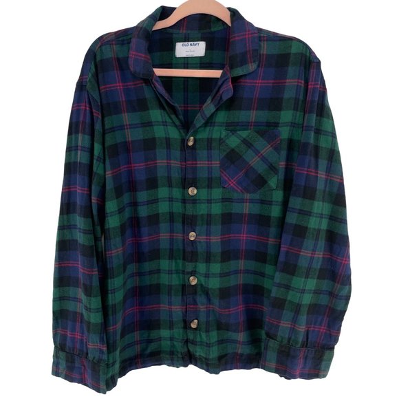 Old Navy Other - Old Navy Women's Size Large Navy Blue, Green & Red Plaid Flannel Button-Down Top
